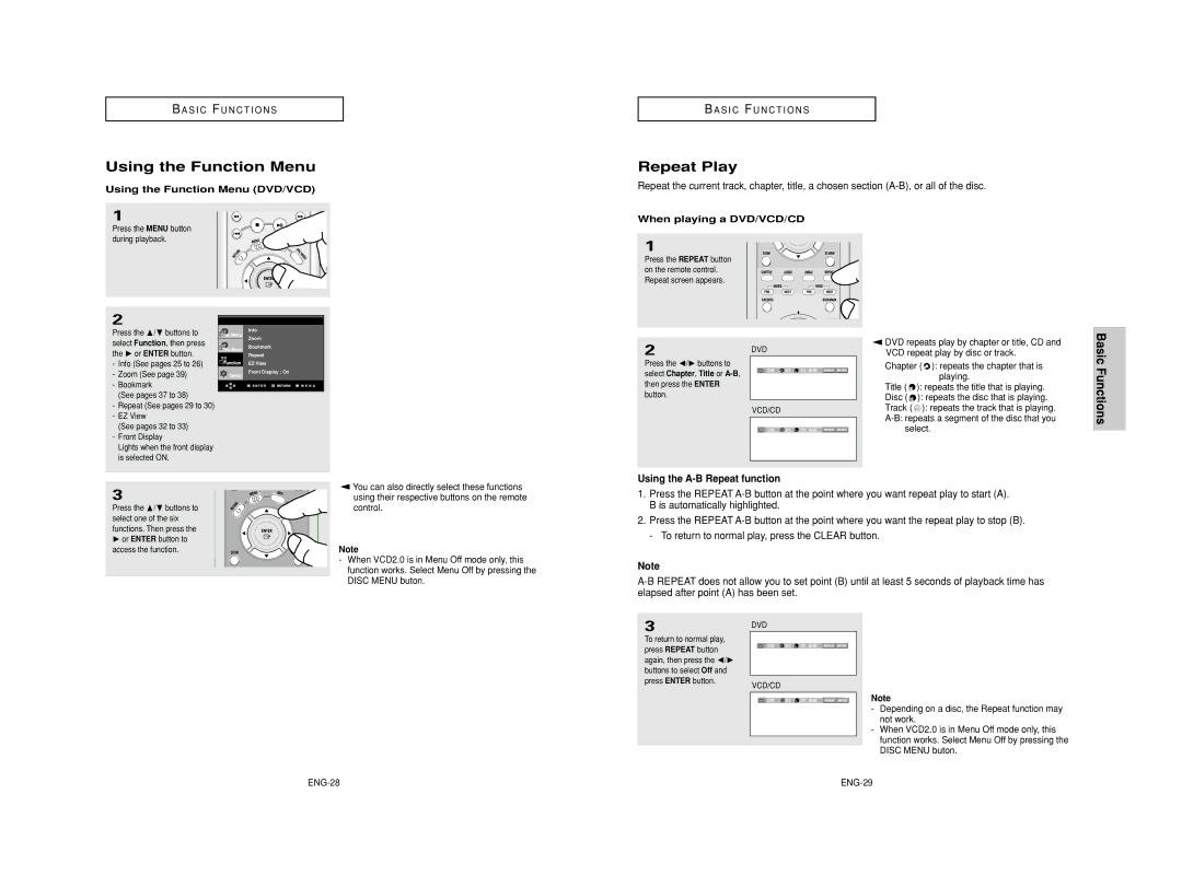 Samsung DVD-HD950/SED, DVD-HD950/XEG Using the Function Menu, Repeat Play, Basic Functions, Using the A-B Repeat function 