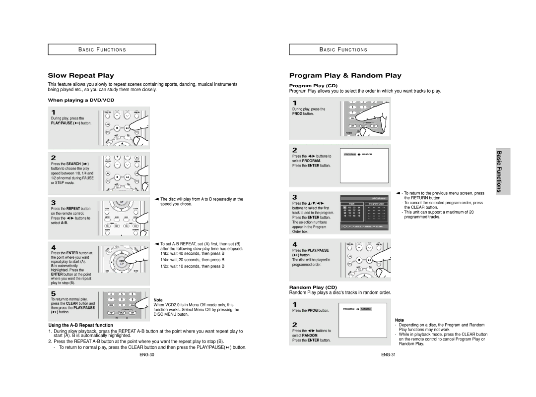 Samsung DVD-HD950/XEG manual Slow Repeat Play, Program Play & Random Play, Random Play plays a discs tracks in random order 