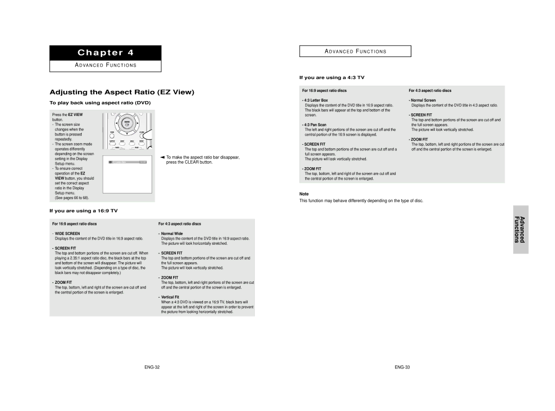 Samsung DVD-HD950/XEL manual Adjusting the Aspect Ratio EZ View, Advanced Functions, To play back using aspect ratio DVD 