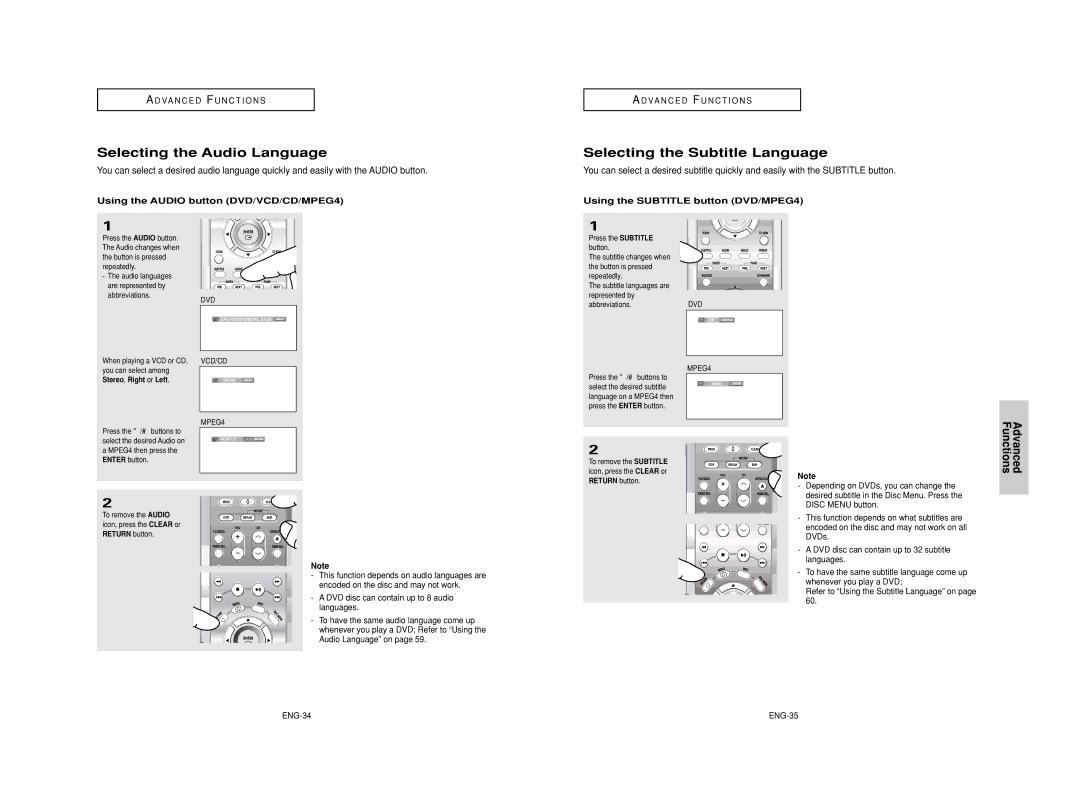 Samsung DVD-HD950/XEH, DVD-HD950/XEG Selecting the Audio Language, Selecting the Subtitle Language, Advanced Functions 
