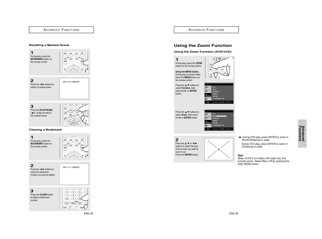 Samsung DVD-HD950/SED, DVD-HD950/XEG Recalling a Marked Scene, Using the Zoom Function DVD/VCD, Clearing a Bookmark 