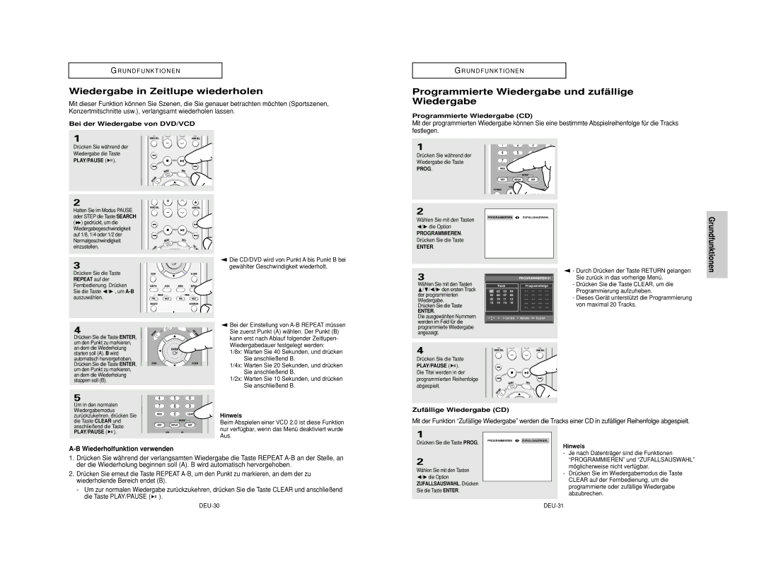 Samsung DVD-HD950/XEL, DVD-HD950/XEG Wiedergabe in Zeitlupe wiederholen, Programmierte Wiedergabe und zufällige Wiedergabe 