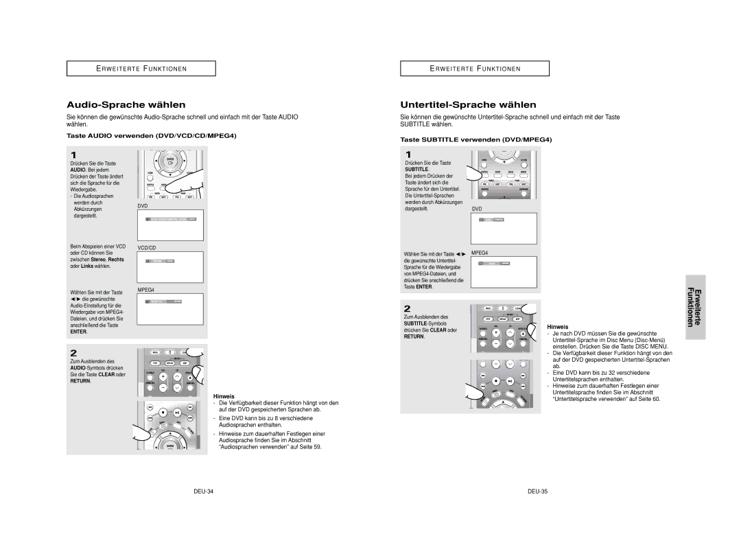 Samsung DVD-HD950/XAA, DVD-HD950/XEG, DVD-HD950/XEL Audio-Sprache wählen, Untertitel-Sprache wählen, Erweiterte Funktionen 