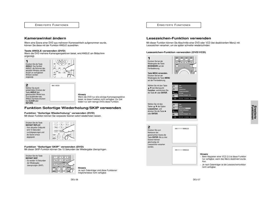 Samsung DVD-HD950/SED Kamerawinkel ändern, Lesezeichen-Funktion verwenden, Funktion Sofortige Wiederholung/SKIP verwenden 