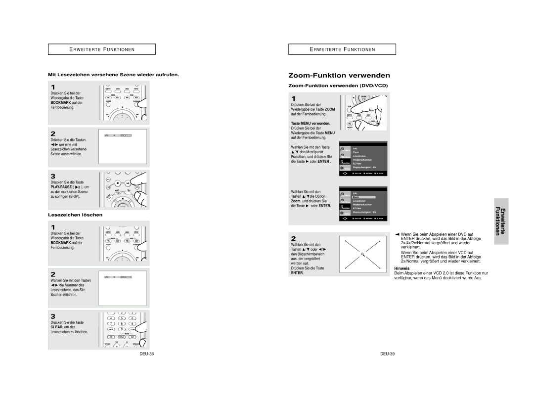 Samsung DVD-HD950/XEG manual Zoom-Funktion verwenden, Mit Lesezeichen versehene Szene wieder aufrufen, Lesezeichen löschen 