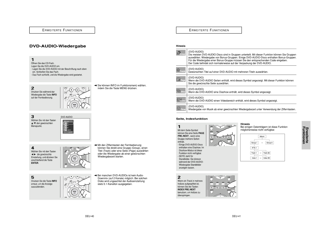 Samsung DVD-HD950/XEL manual DVD-AUDIO-Wiedergabe, Sie die gewünschte Seite auswählen, Seite, Indexfunktion, DEU-40 