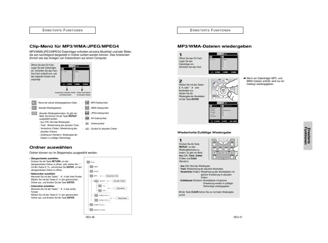 Samsung DVD-HD950/SED, DVD-HD950/XEG manual Clip-Menü für MP3/WMA/JPEG/MPEG4, MP3/WMA-Dateien wiedergeben, Ordner auswählen 