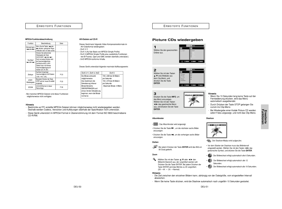 Samsung DVD-HD950/XEL, DVD-HD950/XEG, DVD-HD950/XEH, DVD-HD950/XAA, DVD-HD950/SED manual Picture CDs wiedergeben, DEU-50 