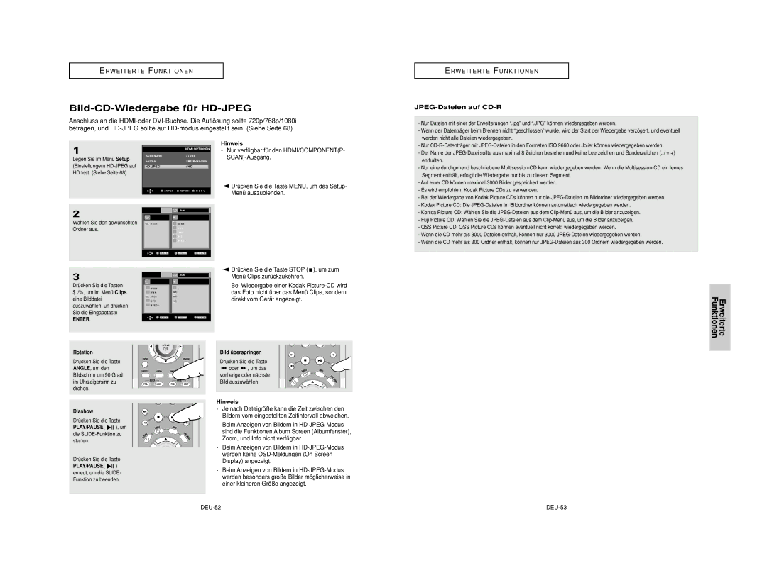 Samsung DVD-HD950/XEH Bild-CD-Wiedergabe für HD-JPEG, JPEG-Dateien auf CD-R, Drücken Sie die Taste Stop , um zum, DEU-52 