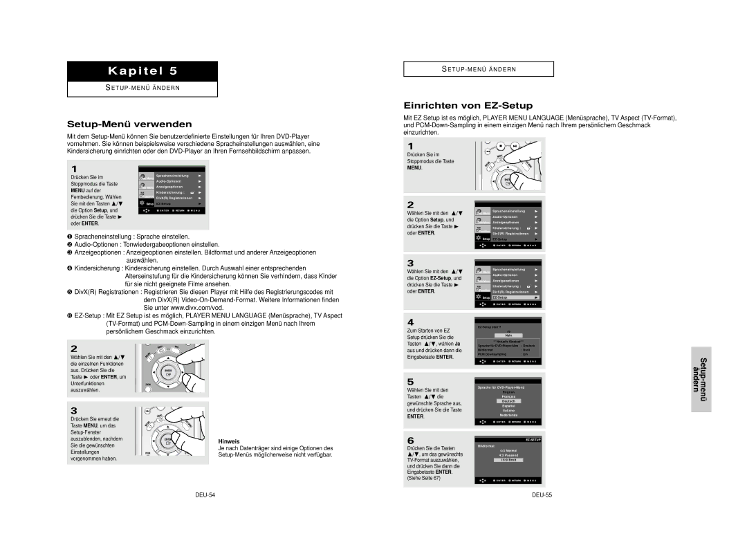 Samsung DVD-HD950/XAA, DVD-HD950/XEG manual Setup-Menü verwenden, Einrichten von EZ-Setup, Setup-menü ändern, DEU-54, Menu 