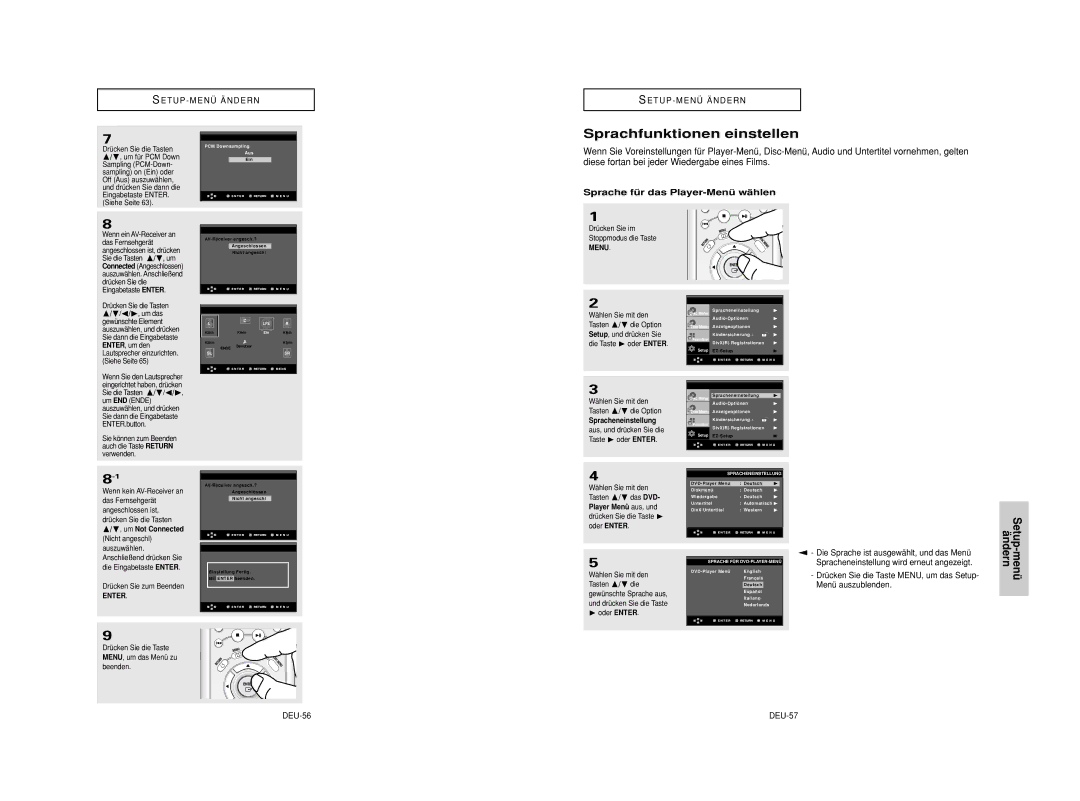 Samsung DVD-HD950/SED manual Sprachfunktionen einstellen, Sprache für das Player-Menü wählen, DEU-56, Spracheneinstellung 