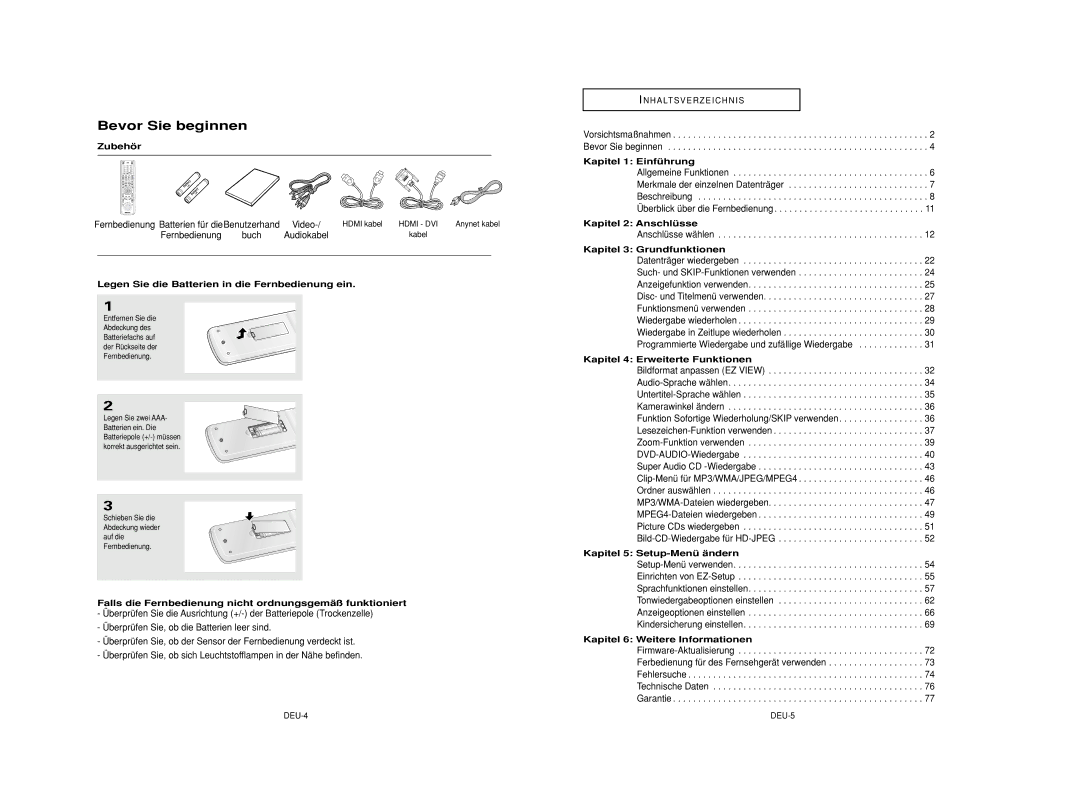 Samsung DVD-HD950/XAA, DVD-HD950/XEG Bevor Sie beginnen, Fernbedienung Batterien für dieBenutzerhand, Fernbedienung Buch 