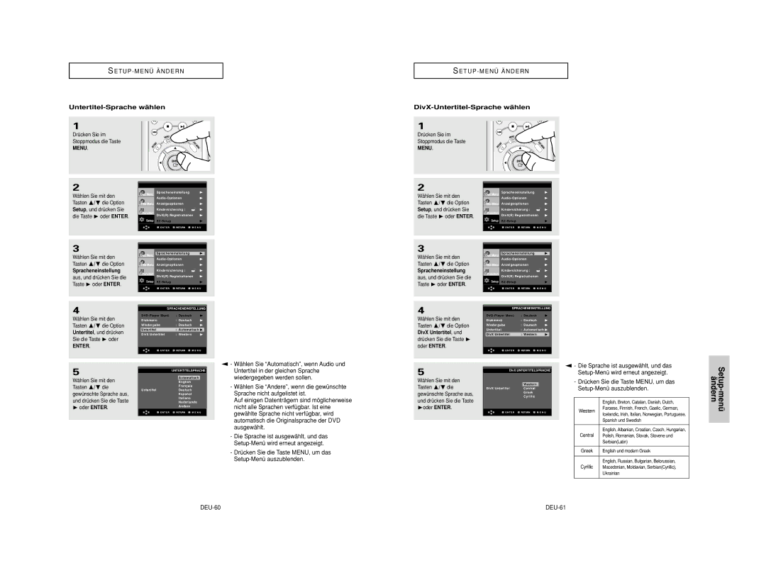 Samsung DVD-HD950/XEL manual Untertitel-Sprache wählen, Drücken Sie die Taste MENU, um das Setup-Menü auszublenden, DEU-60 