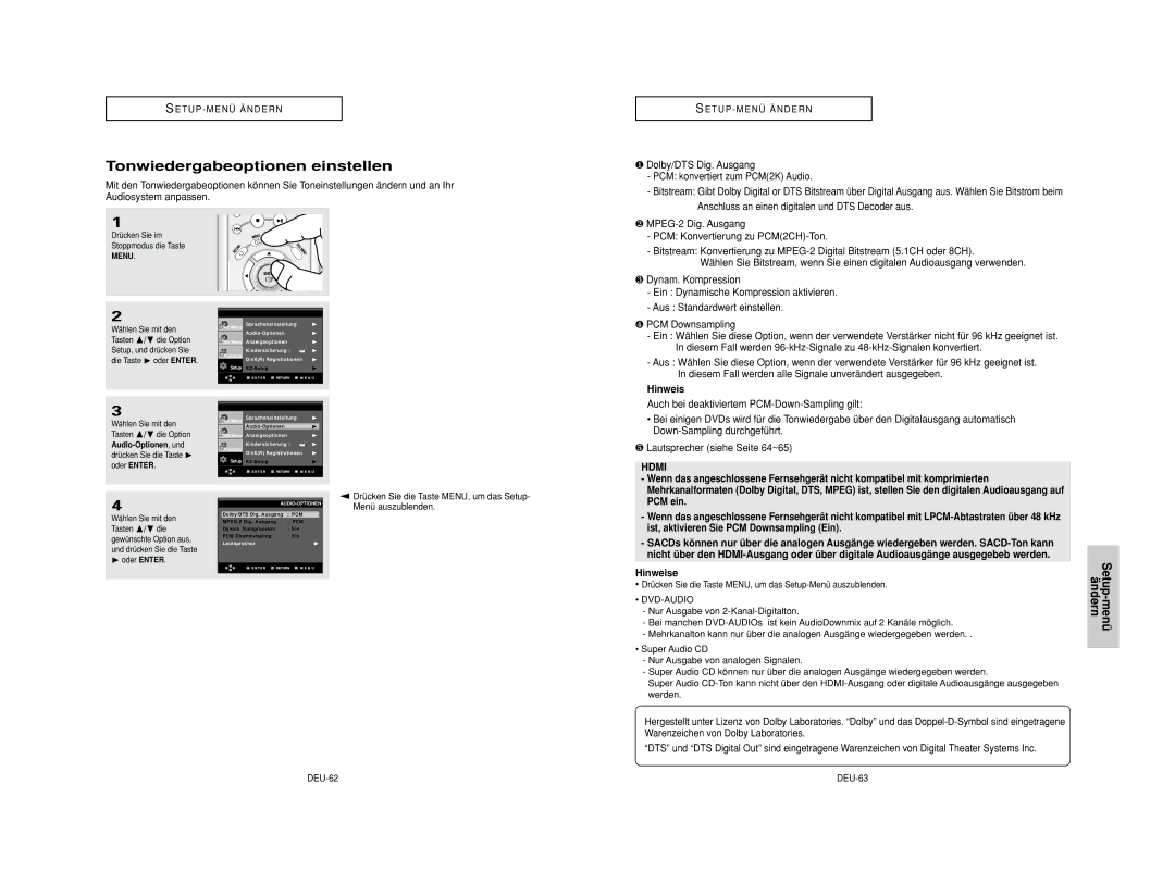 Samsung DVD-HD950/XEH, DVD-HD950/XEG, DVD-HD950/XEL manual Tonwiedergabeoptionen einstellen, Hinweise, DEU-62, DEU-63 