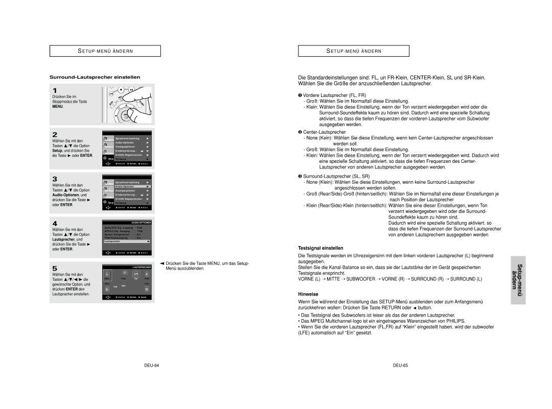 Samsung DVD-HD950/XAA, DVD-HD950/XEG, DVD-HD950/XEL Testsignal einstellen, Surround-Lautsprecher einstellen, DEU-64, DEU-65 