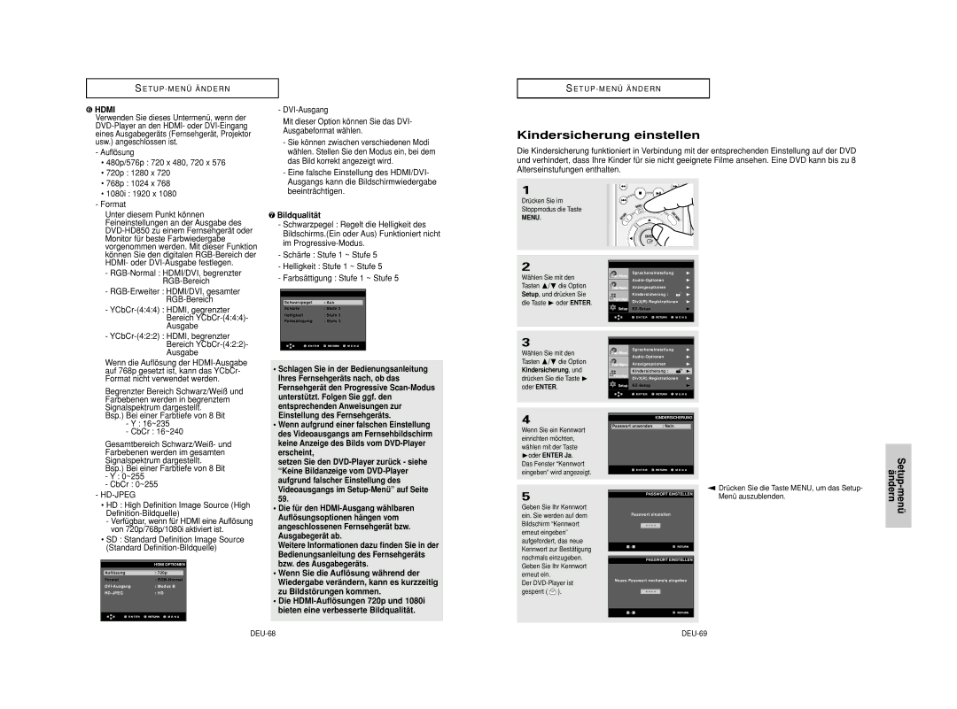 Samsung DVD-HD950/XEG, DVD-HD950/XEL, DVD-HD950/XEH, DVD-HD950/XAA, DVD-HD950/SED manual Kindersicherung einstellen 