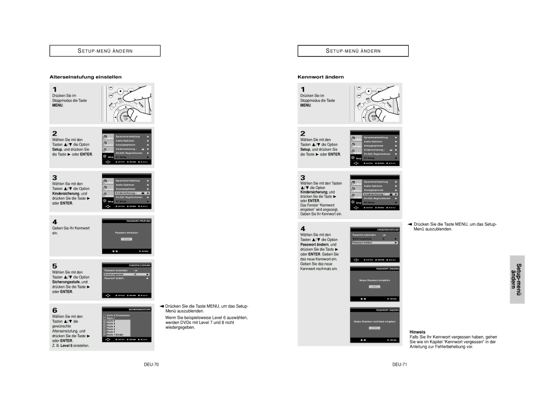 Samsung DVD-HD950/XEL, DVD-HD950/XEG manual Alterseinstufung einstellen, Kennwort ändern, DEU-70, Passwort ändern, und 