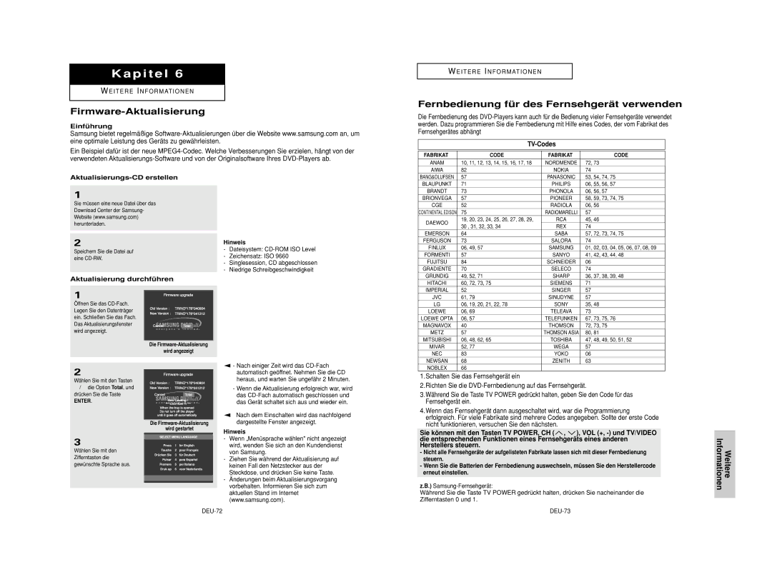 Samsung DVD-HD950/XEH manual Firmware-Aktualisierung, Fernbedienung für des Fernsehgerät verwenden, Weitere Informationen 