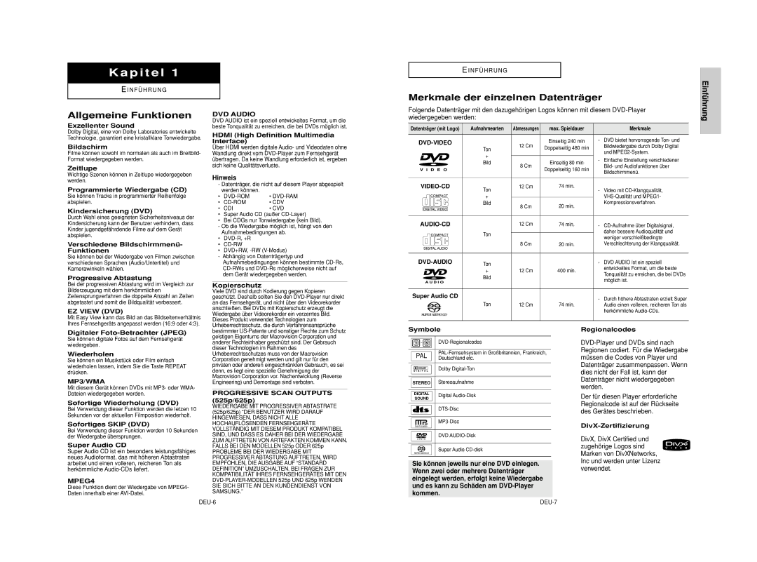 Samsung DVD-HD950/SED, DVD-HD950/XEG manual Merkmale der einzelnen Datenträger, Allgemeine Funktionen, Einfü, Hrung, Hinweis 