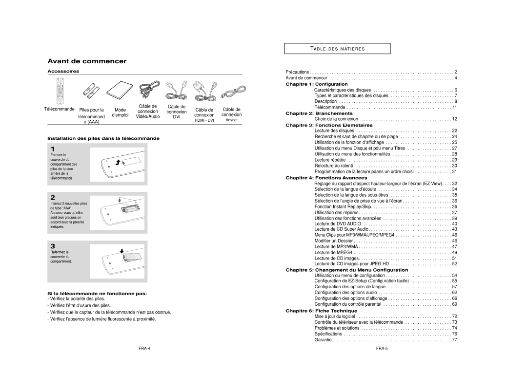 Samsung DVD-HD950/XEL, DVD-HD950/XEG Avant de commencer, Télécommande Piles pour la Mode, Câble de, Choix de la connexion 