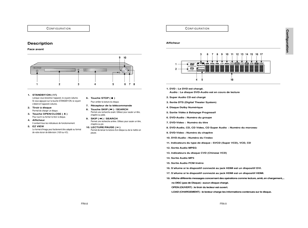 Samsung DVD-HD950/XAA, DVD-HD950/XEG, DVD-HD950/XEL manual Description, Face avant, Afficheur, Skip / Search, Lecture/Pause 