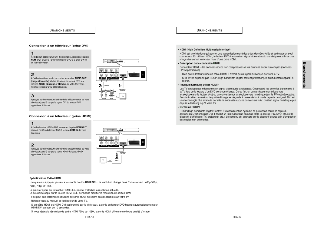 Samsung DVD-HD950/XEH manual Connexion à un téléviseur prise DVI, Description de la connexion Hdmi, Qu’est-ce HDCP? 