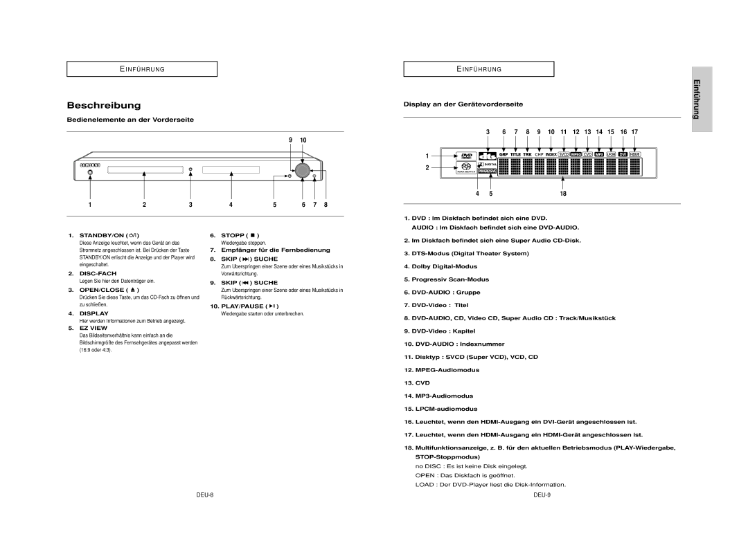 Samsung DVD-HD950/XEG manual Beschreibung, Einführung, Bedienelemente an der Vorderseite, Display an der Gerätevorderseite 