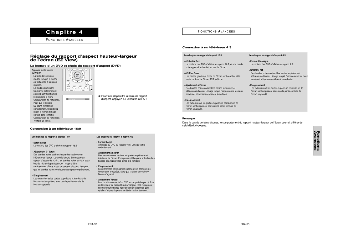 Samsung DVD-HD950/XEG Connexion à un téléviseur, La lecture d’un DVD et choix du rapport d’aspect DVD, FRA-32, Screen FIT 