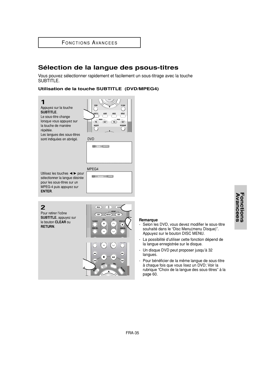 Samsung DVD-HD950/XEH manual Sélection de la langue des psous-titres, Utilisation de la touche Subtitle DVD/MPEG4, FRA-35 