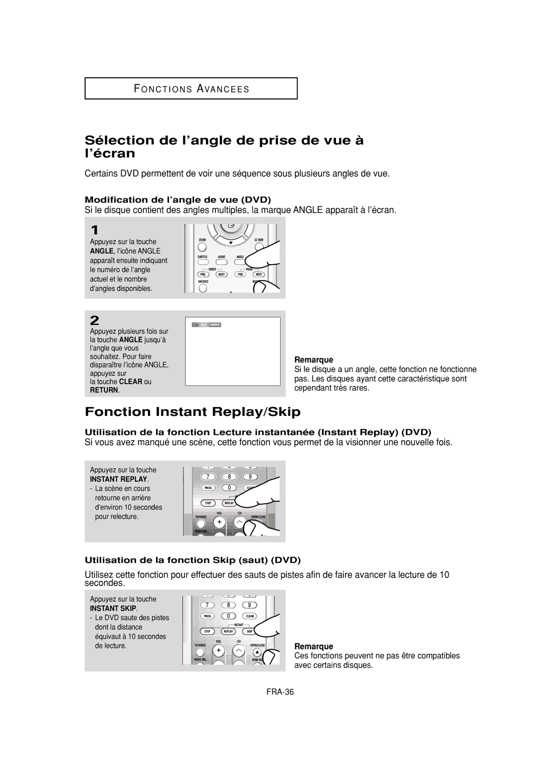 Samsung DVD-HD950/XAA, DVD-HD950/XEG manual Sélection de l’angle de prise de vue à l’écran, Fonction Instant Replay/Skip 