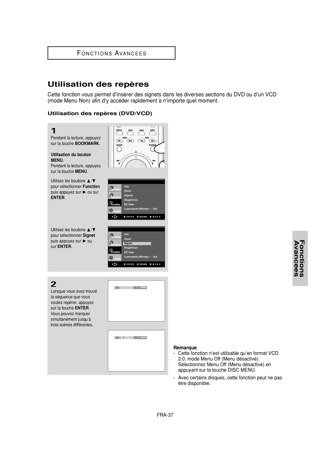 Samsung DVD-HD950/SED, DVD-HD950/XEG, DVD-HD950/XEL manual Utilisation des repères DVD/VCD, Utilisation du bouton Menu 