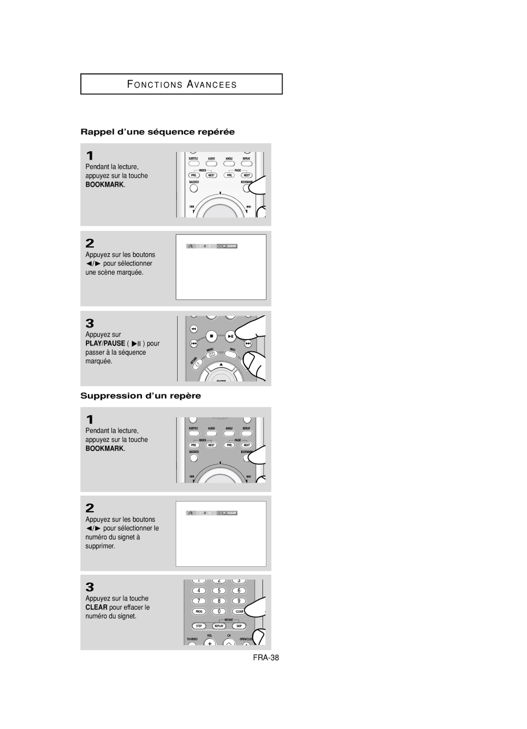 Samsung DVD-HD950/XEG manual Rappel d’une séquence repérée, Suppression d’un repère, FRA-38, Bookmark, PLAY/PAUSE pour 