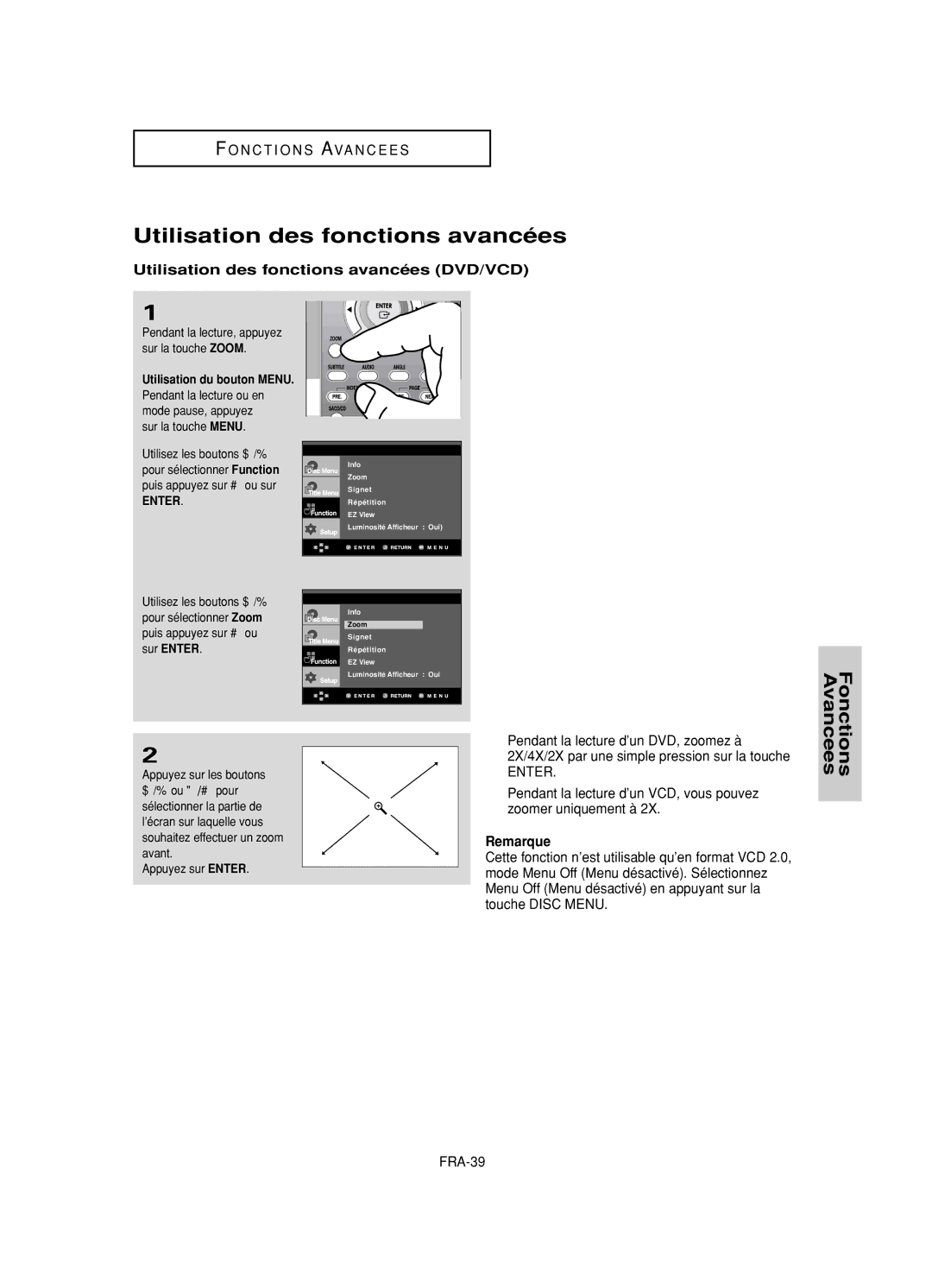 Samsung DVD-HD950/XEL, DVD-HD950/XEG, DVD-HD950/XEH, DVD-HD950/XAA Utilisation des fonctions avancées DVD/VCD, FRA-39 