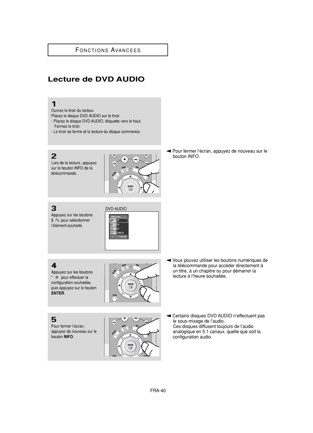 Samsung DVD-HD950/XEH, DVD-HD950/XEG manual Lecture de DVD Audio, Pour fermer l’écran, appuyez de nouveau sur le bouton Info 