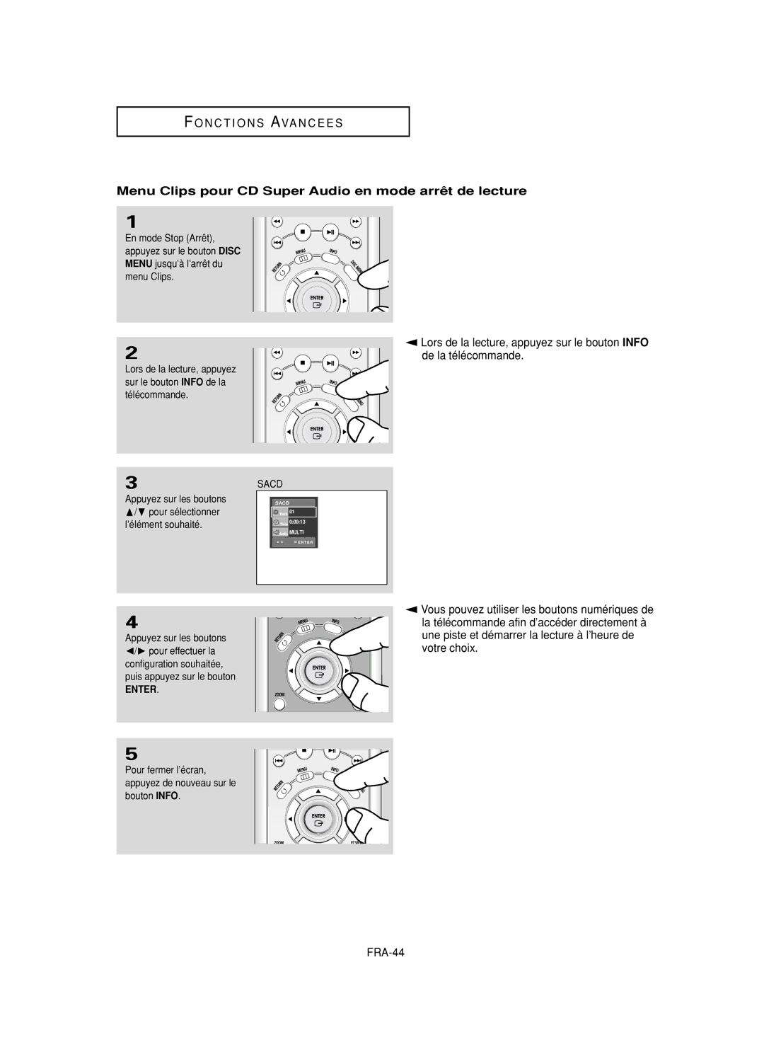 Samsung DVD-HD950/XEL manual Menu Clips pour CD Super Audio en mode arrêt de lecture, FRA-44, Appuyez sur les boutons 