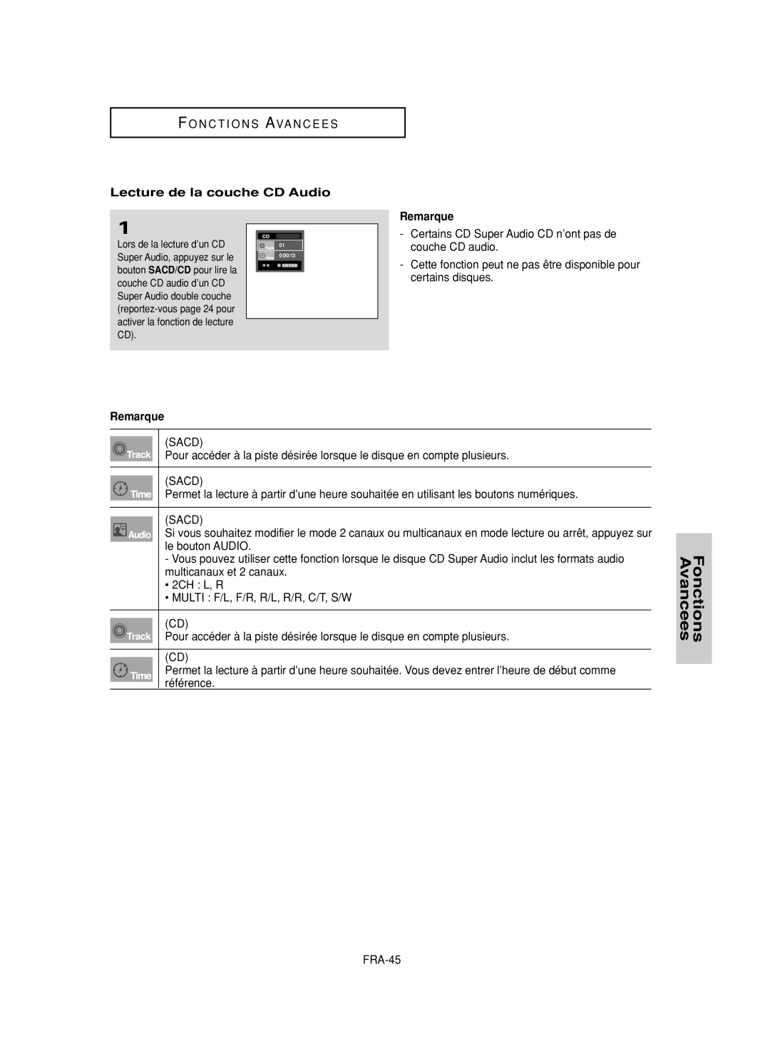 Samsung DVD-HD950/XEH manual Lecture de la couche CD Audio, FRA-45, Lors de la lecture d’un CD, Couche CD audio d’un CD 