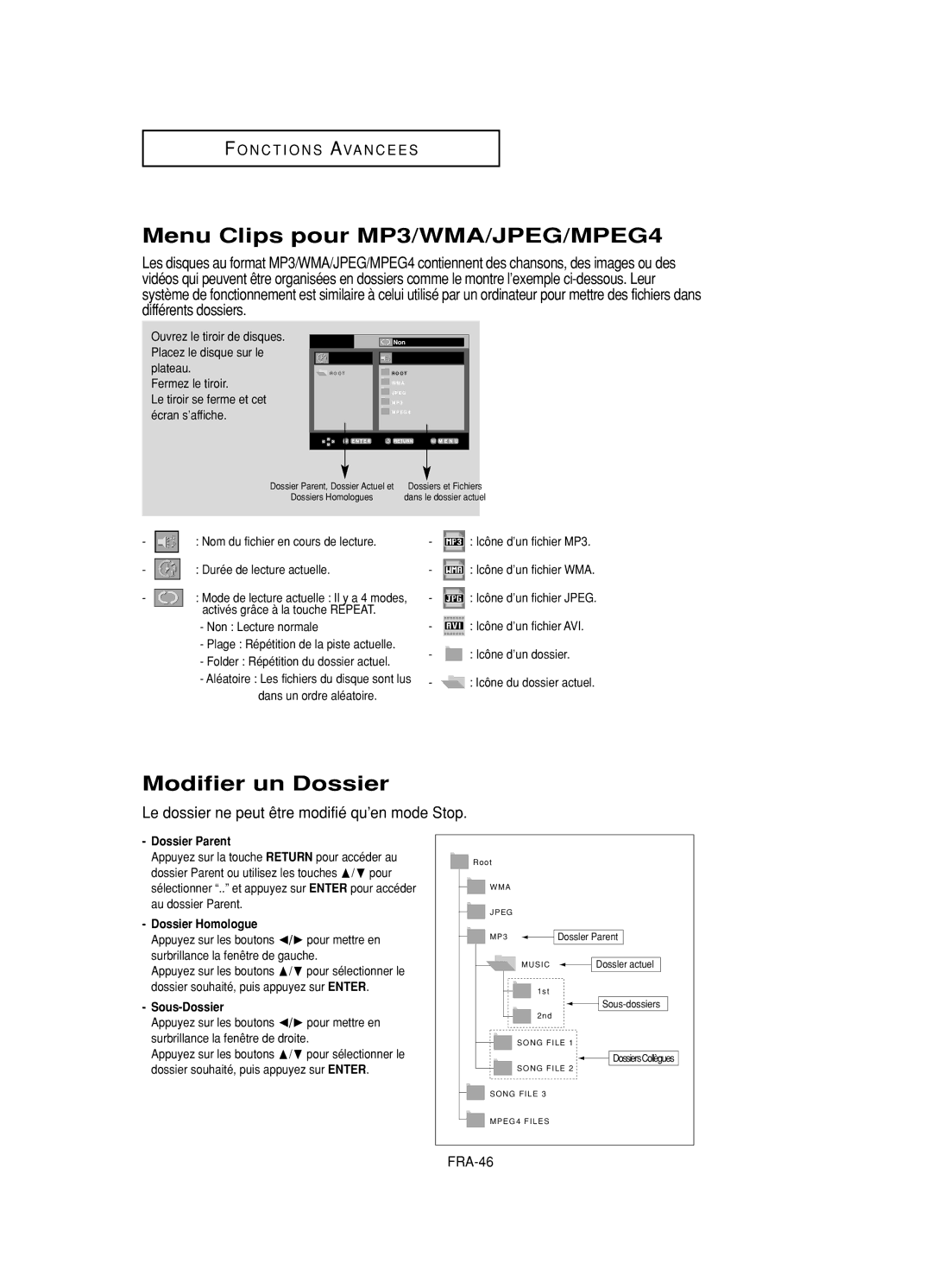 Samsung DVD-HD950/XAA, DVD-HD950/XEG, DVD-HD950/XEL manual Menu Clips pour MP3/WMA/JPEG/MPEG4, Modifier un Dossier, FRA-46 