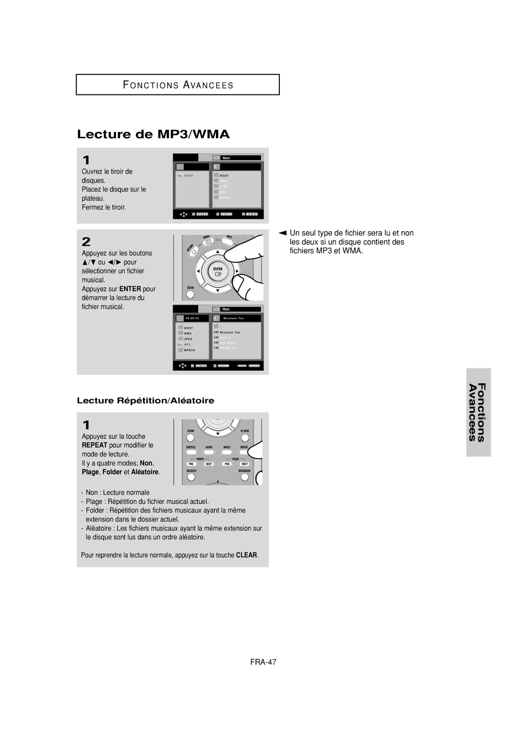 Samsung DVD-HD950/SED Lecture de MP3/WMA, Un seul type de fichier sera lu et non, Lecture Répétition/Aléatoire, FRA-47 