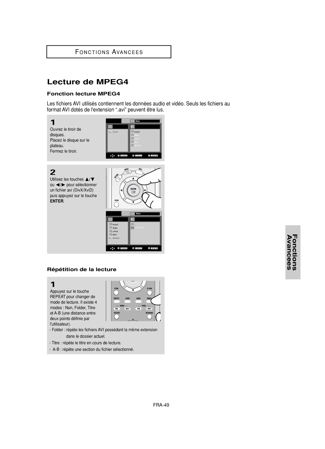 Samsung DVD-HD950/XEL, DVD-HD950/XEG manual Lecture de MPEG4, Fonction lecture MPEG4, Répétition de la lecture, FRA-49 