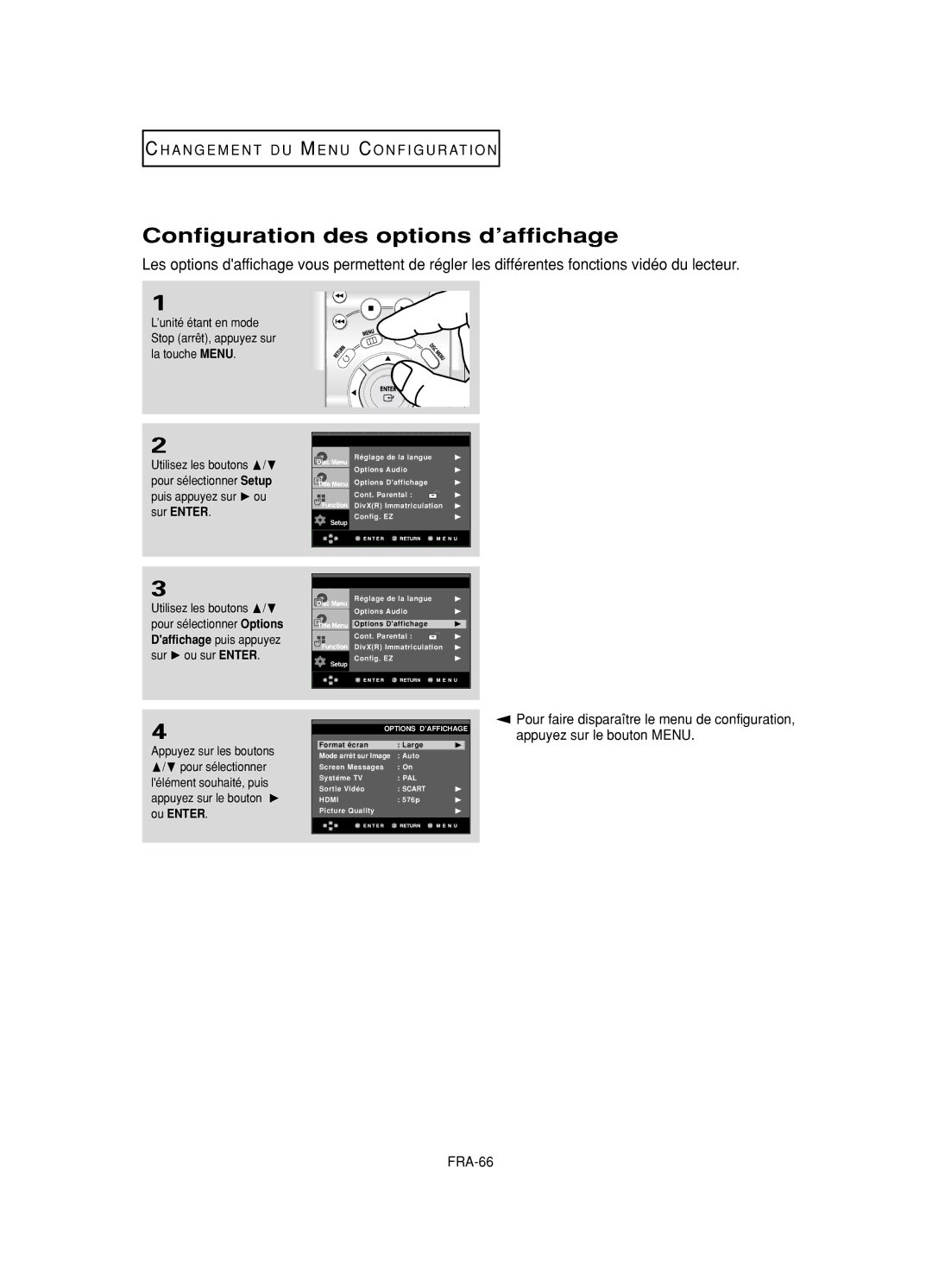 Samsung DVD-HD950/XAA, DVD-HD950/XEG, DVD-HD950/XEL, DVD-HD950/XEH, DVD-HD950/SED manual Configuration des options d’affichage 