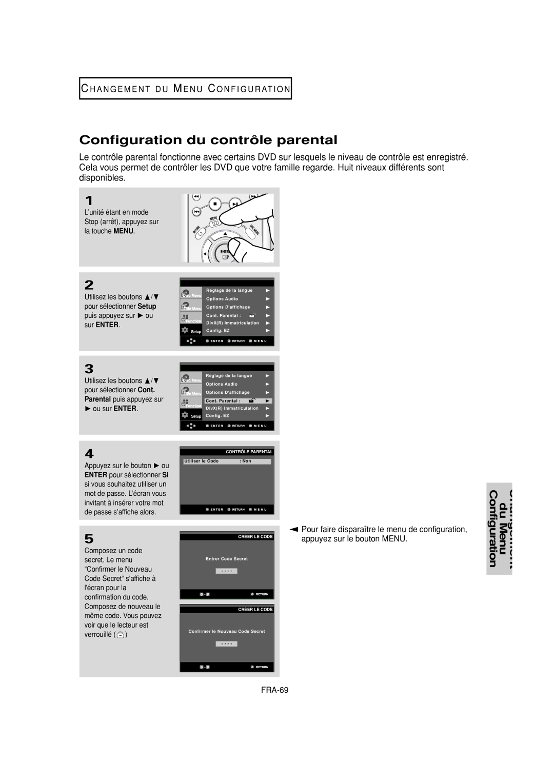 Samsung DVD-HD950/XEL, DVD-HD950/XEG, DVD-HD950/XEH Configuration du contrôle parental, Appuyez sur le bouton Menu FRA-69 