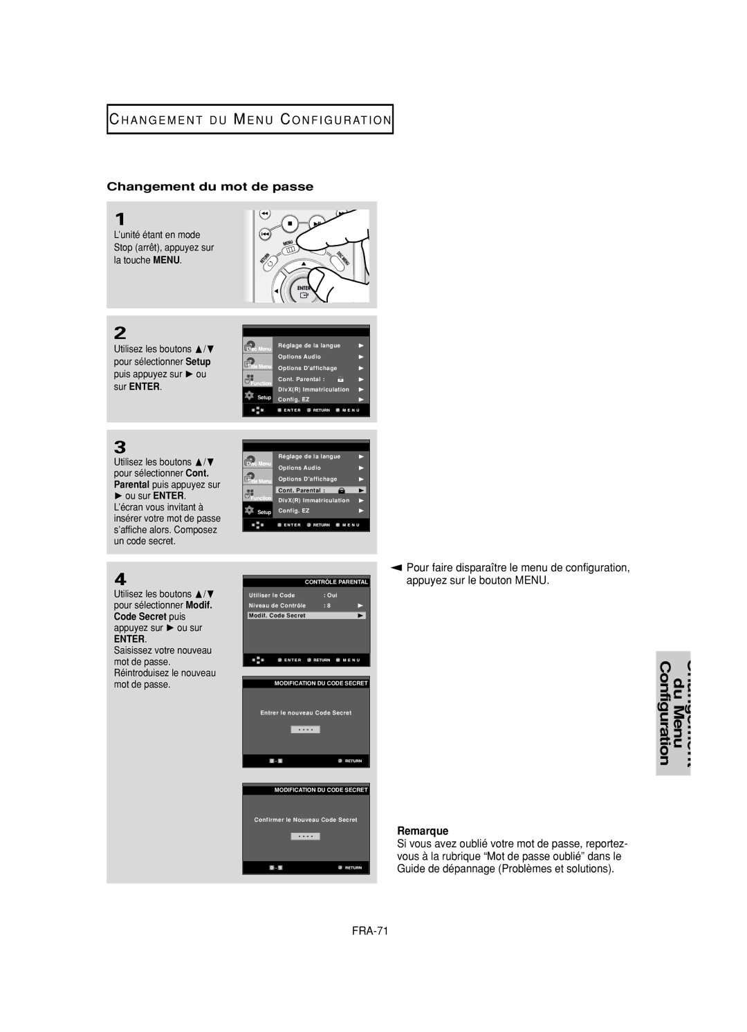 Samsung DVD-HD950/XAA, DVD-HD950/XEG, DVD-HD950/XEL, DVD-HD950/XEH, DVD-HD950/SED manual Changement du mot de passe, FRA-71 