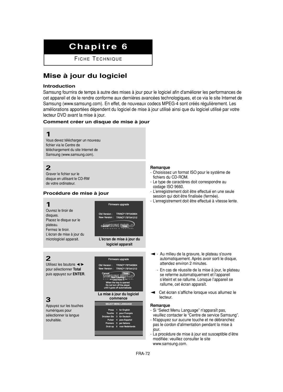 Samsung DVD-HD950/SED, DVD-HD950/XEG Mise à jour du logiciel, Introduction Comment créer un disque de mise à jour, Lecteur 