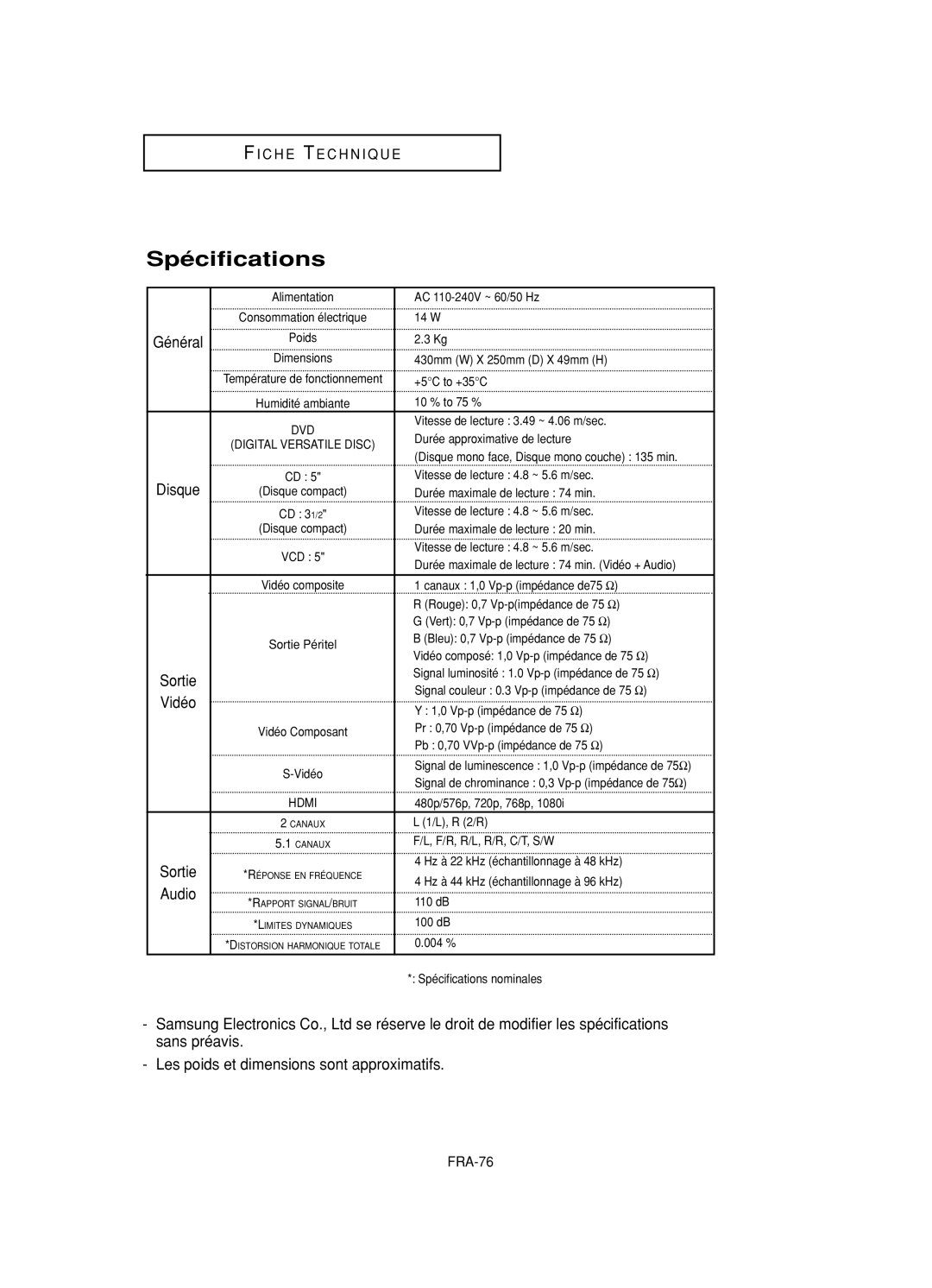 Samsung DVD-HD950/XAA, DVD-HD950/XEG manual Spécifications, Les poids et dimensions sont approximatifs, Vidéo, FRA-76 