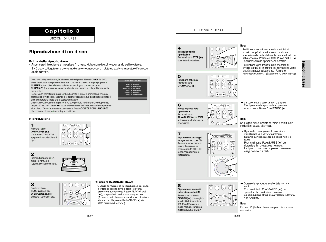 Samsung DVD-HD950/XET manual Riproduzione di un disco, Prima della riproduzione, Funzione Resume Ripresa 