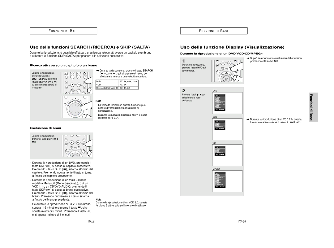 Samsung DVD-HD950/XET manual Uso delle funzioni Search Ricerca e Skip Salta, Uso della funzione Display Visualizzazione 