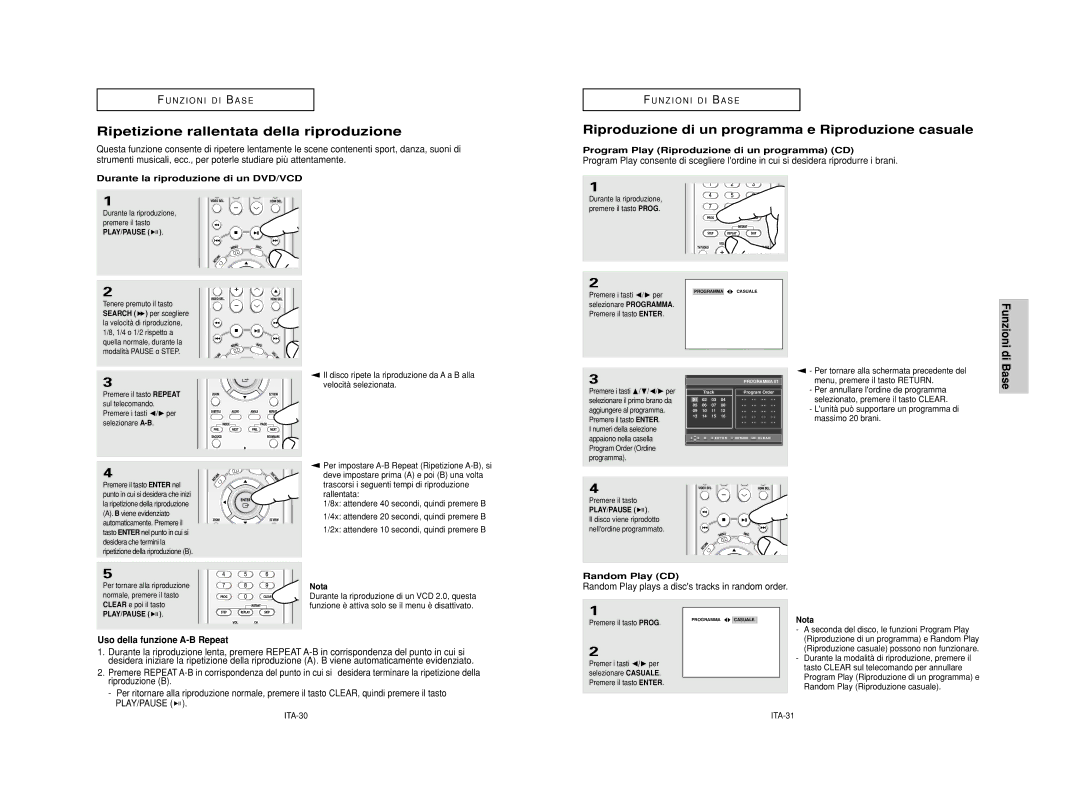 Samsung DVD-HD950/XET manual Ripetizione rallentata della riproduzione, Riproduzione di un programma e Riproduzione casuale 