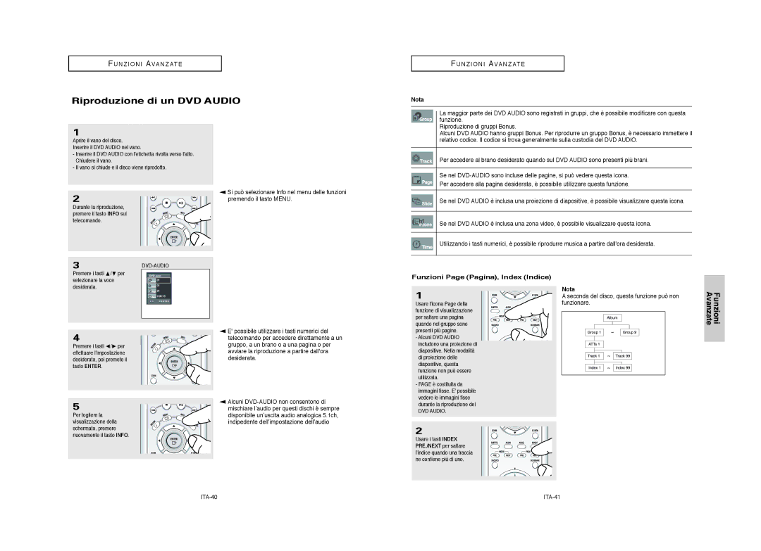 Samsung DVD-HD950/XET manual Riproduzione di un DVD Audio, Funzioni Page Pagina, Index Indice, ITA-40, ITA-41 
