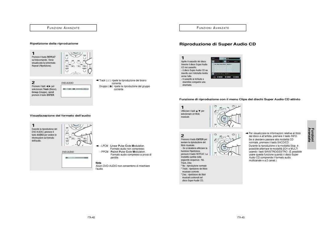 Samsung DVD-HD950/XET manual Riproduzione di Super Audio CD, Ripetizione della riproduzione, ITA-42, Dvd-Audio 