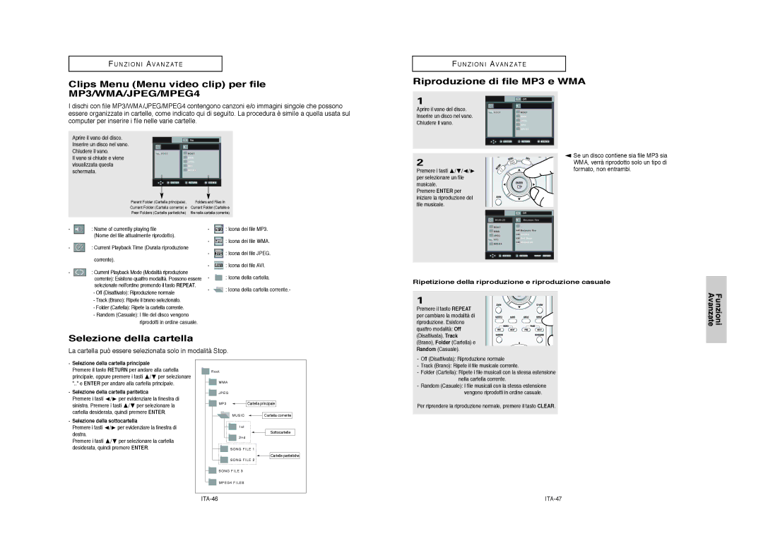 Samsung DVD-HD950/XET manual Clips Menu Menu video clip per file MP3/WMA/JPEG/MPEG4, Riproduzione di file MP3 e WMA 